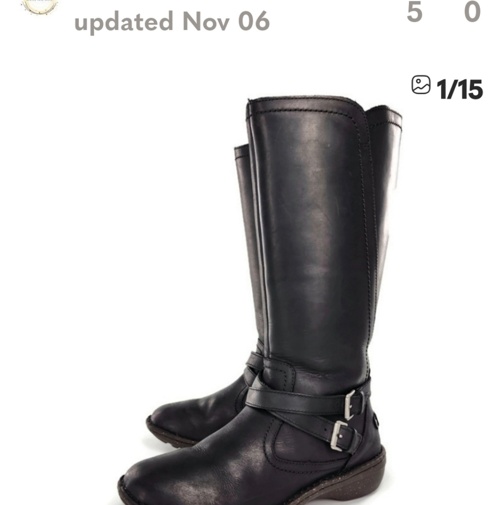 UGG Rosen Black Nappa Leather Wool Lined Dual Buckle Straps Tall Riding Boots